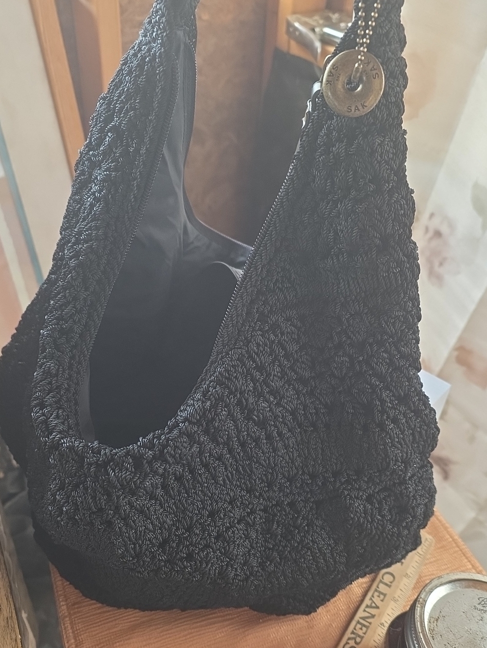 The Sak Black Crochet Shoulder Brass Hardware Hobo EUC